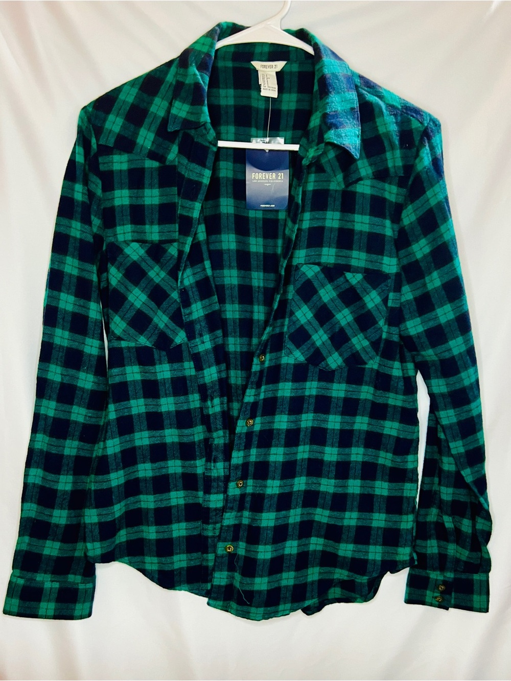 Forever 21 Plaid Flannel Shirt Women Size S Green Blue Button Down Long Sleeve